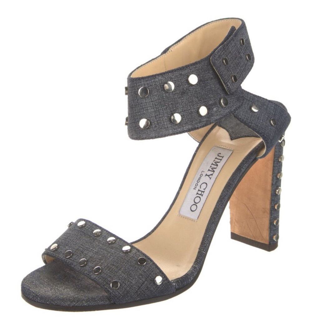 Jimmy Choo Veto 100 Denim Silver Studded Sandals Mid Blue Size EU 37/US 7 $895